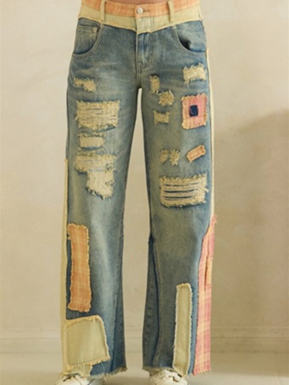 Y2K PASTEL PATCH DISTRESSED WIDE LEG DENIM/NEW RELEASE